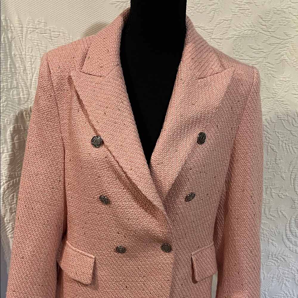 Mina Self Pink and Gold Speckled Double-Breasted Blazer, size medium - Picture 2 of 13